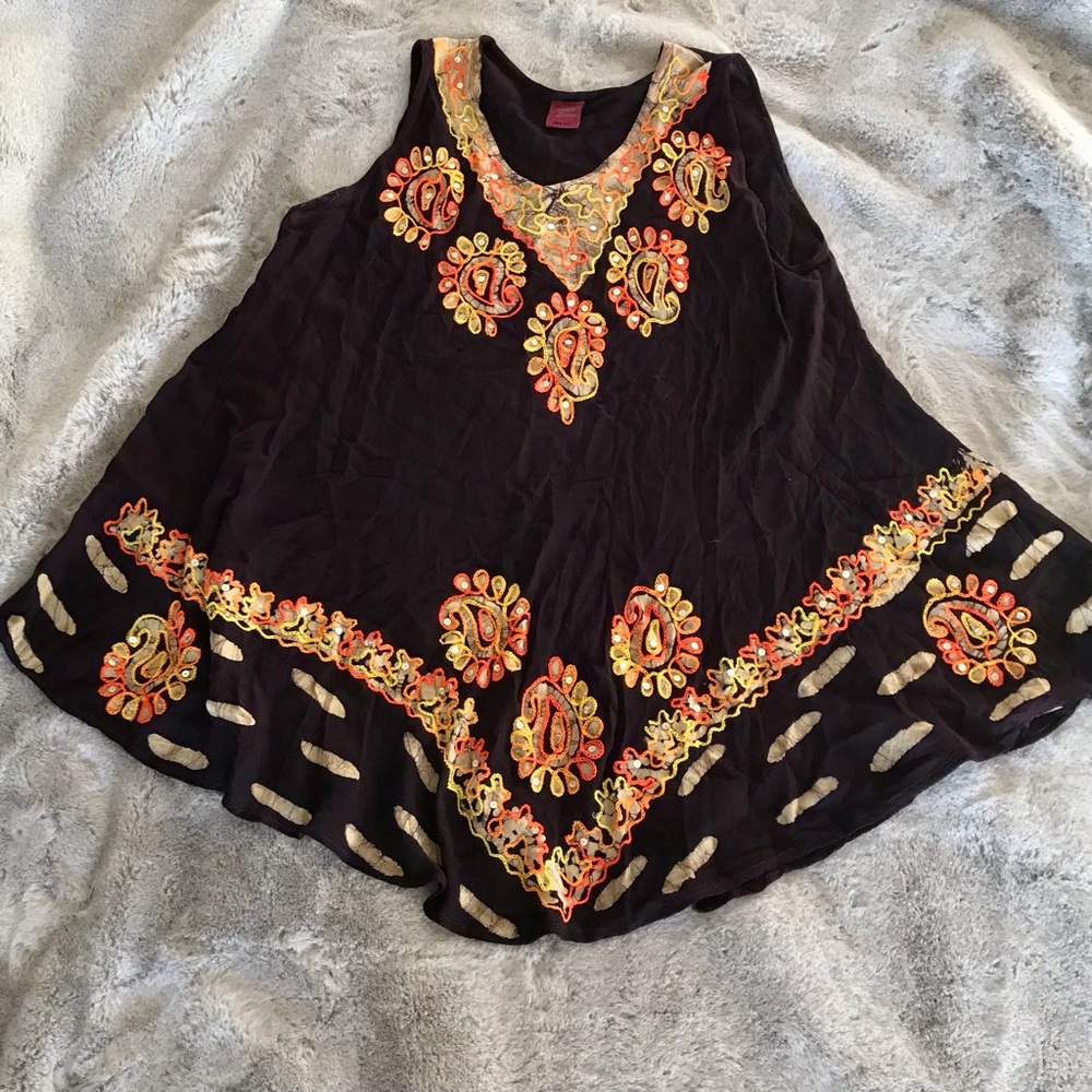 Festival Purple Embroidered Embellished Batik and Sequins Sleeveless Flowy Top